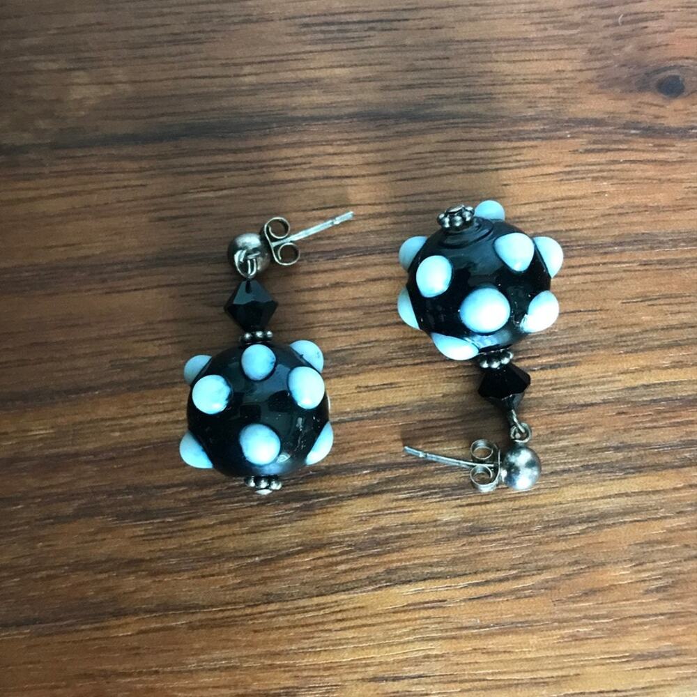Black and white lampwork glass bead dangle drop earrings